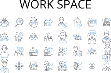Work space line icons collection. Living room, Dining table, Kitchen counter, Bedroom loft, Study nook, Reading corner, Art studio vector and linear illustration. Exercise area,Entertainment center
