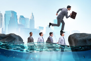 Inequal competition concept with businessman walking on heads