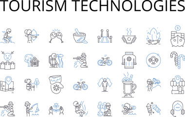 Tourism technologies line icons collection. Artificial intelligence, Social media, Virtual reality, Mobile applications, E-commerce, Online marketing, Digital advertising vector and linear