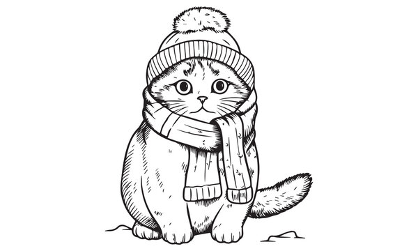 A British shorthair cartoon cat coloring page for kids. Winter cartoon cats coloring page. 