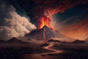 Fire in the mountains, a volcano spewing lava into the sky with a dramatic landscape, Generative AI