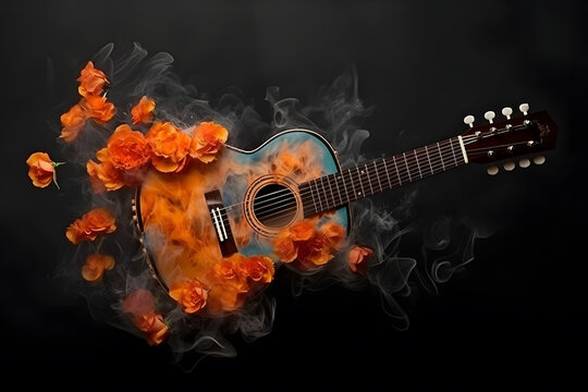 Abstract composition with a guitar and flowers on a dark background. Neural network AI generated art Generative AI