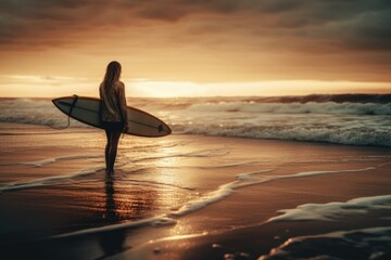 Woman with surfboard at sunset in front of the sea. AI generated, human enhanced