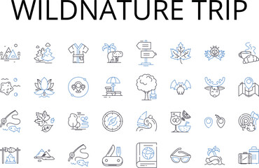 Wildnature trip line icons collection. Grand adventure, Daring endeavor, Bold expedition, Thrilling escapade, Intrepid voyage, Exciting journey, Epic odyssey vector and linear illustration. Rushing