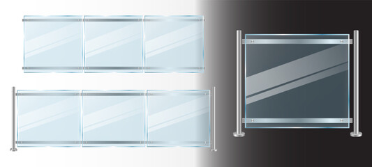 set mockup glass railing with fence section isolated - 3d illustration