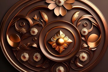 With a dark brown backdrop and a 3D mural art background with golden jewelry and flowers