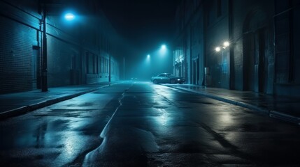 A dimly lit city street with streetlights at night. Generative ai