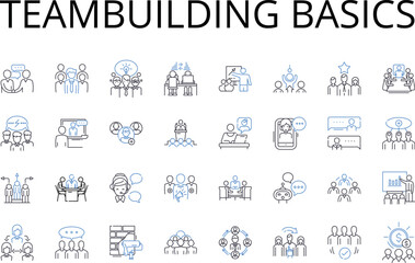 Teambuilding basics line icons collection. Leadership essentials, Communication skills, Conflict resolution, Time management, Project management, Problem-solving, Goal setting vector and linear