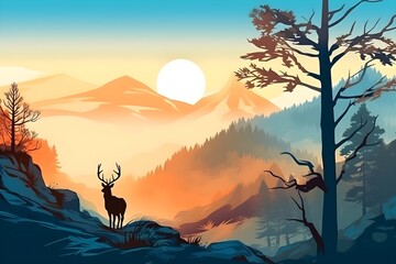 Beautiful landscape scenery of forest high mountain with wild life. Created with Generative AI technology.