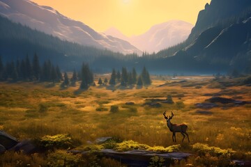 Beautiful landscape scenery of forest high mountain with wild life. Created with Generative AI technology.