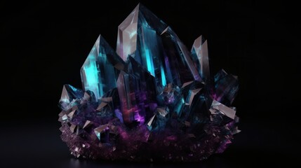 Blue and purple crystal cluster on black background. Generative ai