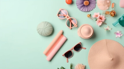 Summer Essentials, Top View of Fruits, Apparel, and Beach Accessories on Pastel Background; With Generative AI