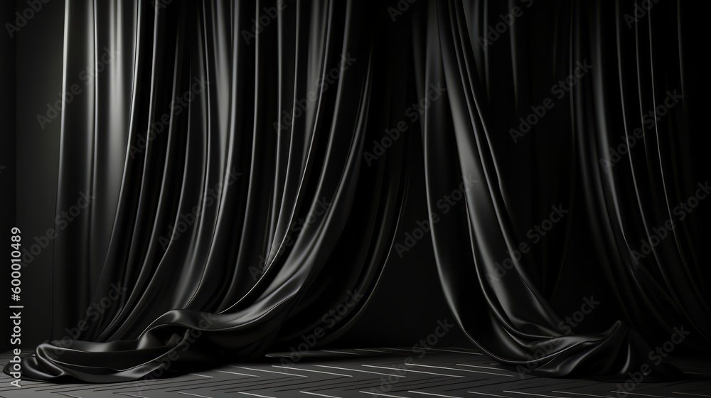 Poster a mysterious dark room with draped curtains and a shadowy floor. generative ai