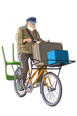 Fototapeta na wymiar An old bearded man transports things on a bicycle.
