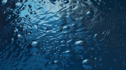 Rain drops on a blue background seen through a window. Generative ai