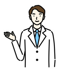 指さしポーズをする白衣の男性