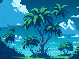 Fototapeta na wymiar Biodiversity of the flora of the Brazilian coast. Palm trees and coconut trees on the coast of Brazil. Beach and beautiful scenery of the dunes and seas of Latin America