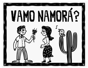 Man asking woman to date. Valentine's Day. Woodcut style artwork