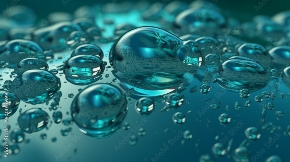 Poster water bubbles floating on a blue background. generative ai