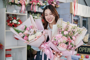 One cheerful female florist worker showing beautiful flora bouquets that receive in valentine,...