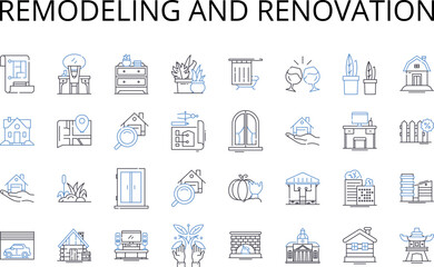 Fototapeta na wymiar Remodeling and renovation line icons collection. Refurbishing, Revamping, Revitalizing, Restoring, Updating, Modernizing, Redecorating vector and linear illustration. Rejuvenating,Rehabilitating