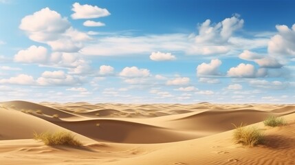 A scenic desert landscape with sand dunes and cloudy sky. Generative ai