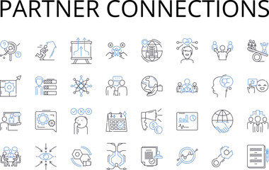 Obraz na płótnie Canvas Partner connections line icons collection. Associate relationships, Collaborator nerks, Comrade bonds, Companion ties, Conjoint affiliations, Cooperating links, Counterpart associations vector and