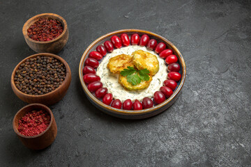 front view delicious squash meal with fresh red dogwoods and seasonings on grey background fruit food cooking meal