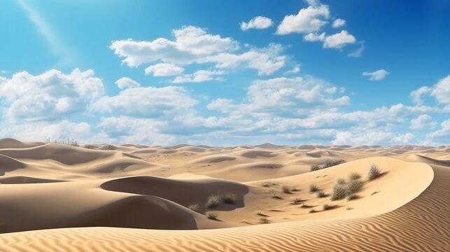 A majestic desert landscape with sand dunes and clouds in the sky. Generative ai