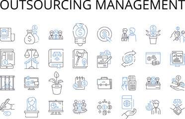 Outsourcing management line icons collection. Change management, Risk management, Project management, Stakeholder management, Talent management, Performance management, Cash management vector and