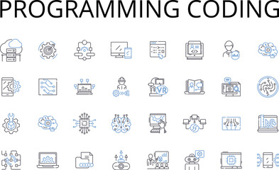 Programming coding line icons collection. Writing composition, Speaking articulation, Cooking cuisine, Eating consuming, Driving motoring, Swimming paddling, Reading perusing vector and linear