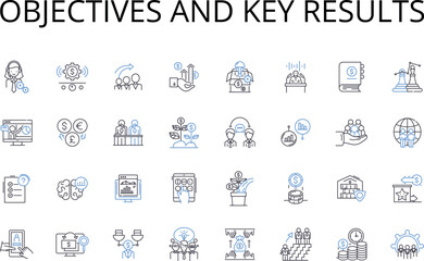 Objectives and Key Results line icons collection. Targets, Goals, Aims, Milests, Benchmarks, Standards, Metrics vector and linear illustration. Indicators,KPIs,Performance indicators outline signs set