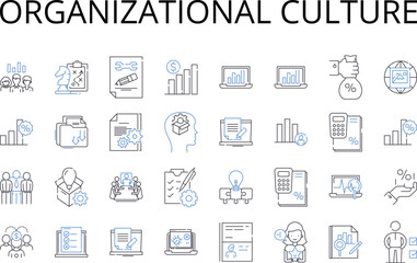 Organizational culture line icons collection. Corporate values, Workplace traditions, Business ethos, Company climate, Team mentality, Leadership style, Staff morale vector and linear illustration