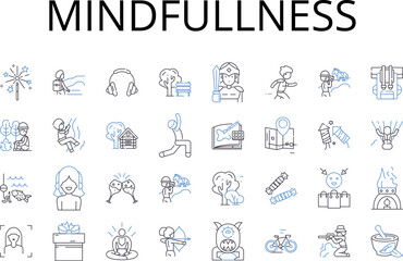 Mindfullness line icons collection. Self-awareness, Introspection, Self-reflection, Inner peace, Presence of mind, Concentrated thought, Focused attention vector and linear illustration. Composure