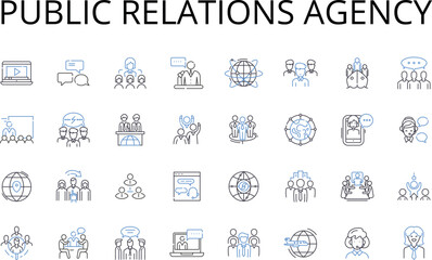 Public relations agency line icons collection. Marketing firm, Communication company, Promotion agency, Reputation management, Media relations, Brand publicity, Advertising organization vector and