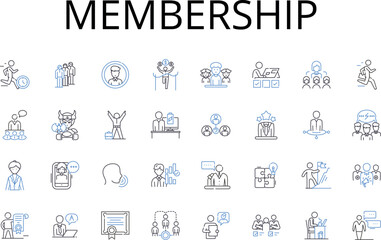 Membership line icons collection. Clubhouse, Fellowship, Alliance, Partnership, Association, Community, Coterie vector and linear illustration. Guild,Syndicate,Consortium outline signs set