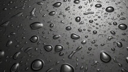 Water droplets on a sleek metal surface against a dark backdrop. Generative ai