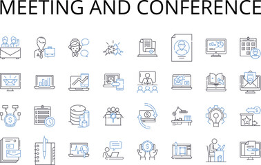 Meeting and conference line icons collection. Assembly, Gathering, Convention, Symposium, Forum, Session, Colloquium vector and linear illustration. Seminar,Panel discussion,Roundtable outline signs