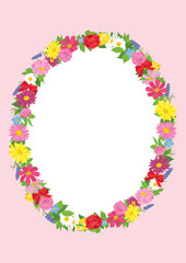 カラフルな花輪のデザインフレーム　リース　背景素材