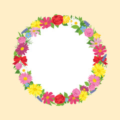 カラフルな花輪のデザインフレーム　リース　背景素材