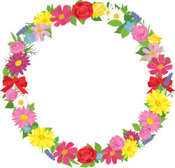 カラフルな花輪のデザインフレーム　リース　背景素材