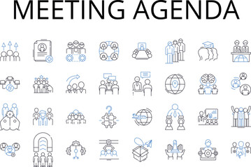 Meeting agenda line icons collection. Job interview, Travel itinerary, Wedding program, Conference schedule, Study plan, Party timeline, Sporting event schedule vector and linear illustration