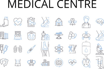 Medical centre line icons collection. Hospital, Clinic, Health center, Health clinic, Medical facility, Healthcare center, Infirmary vector and linear illustration. Urgent care center,Outpatient