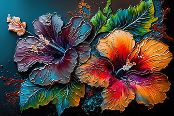 Abstract Digital Oil Painting of Colorful Hibiscus Flowers .AI generated Illustration. - 600014465