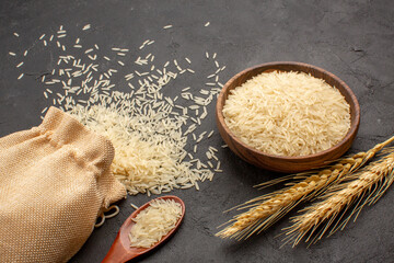 front view raw rice inside bag on a grey background rice raw food east cooking