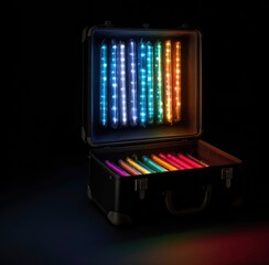Neon lights rainbow tubes vintage suitcase illustration made with Generative AI 