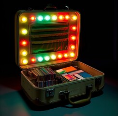 Neon lights rainbow tubes vintage suitcase illustration made with Generative AI 