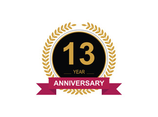 13th Anniversary Celebration. Anniversary logo design with golden color laurel wreath for birthday celebration event, invitation, greeting card, banner, poster, flyer, flyer.