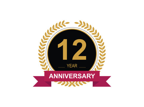 12th Anniversary Celebration. Anniversary logo design with golden color laurel wreath for birthday celebration event, invitation, greeting card, banner, poster, flyer, flyer.