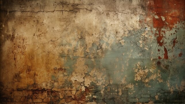 A textured and distressed grungy wall with peeling paint. Generative ai